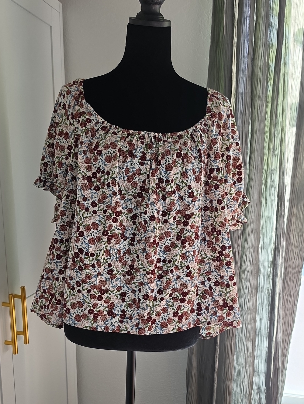 Volcom Cream Floral Peasant Top with Burgundy and Green Print